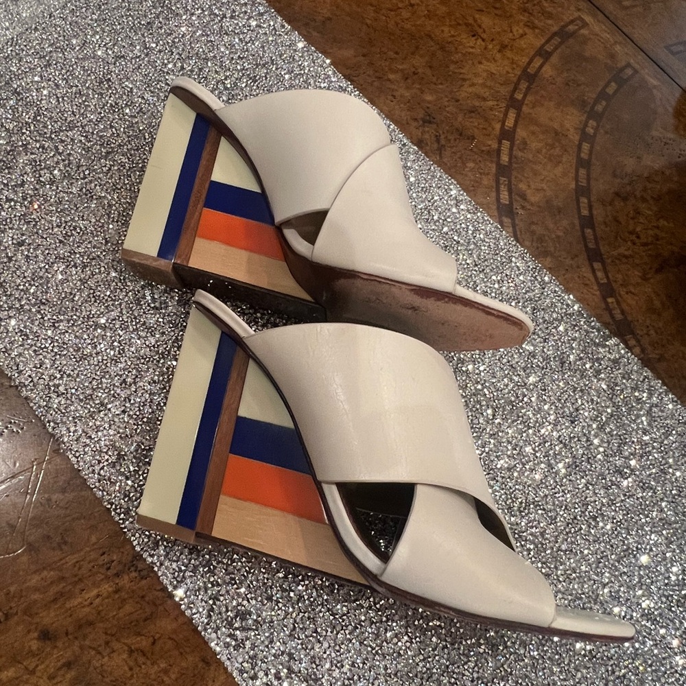 Cream Wedge Slide Sandals with Striped Heel